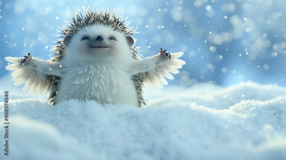 Canvas Prints A cartoon hedgehog with wings in the snow.