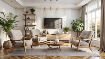 Fototapeta premium Scandinavian Living Room with Natural Textiles and a Cozy Reading Nook generative AI