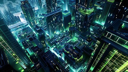 Futuristic Cityscape with Green Neon Lights at Night.