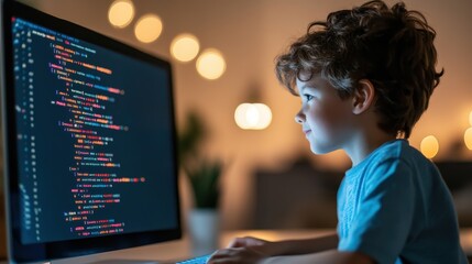 Young Student Engaged in Educational Coding Apps with a Profile View in Classroom Setting