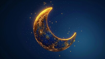 A golden crescent moon in a starry night sky.