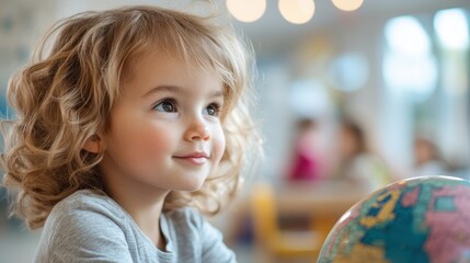 Curious Kindergartener Exploring with Interactive Globe in School