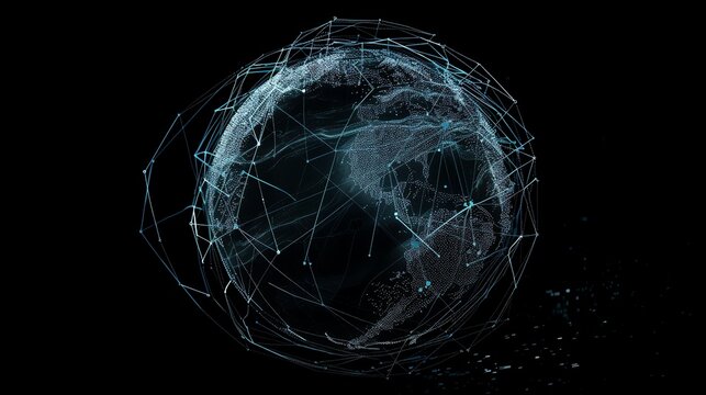 A digital rendering of the earth with glowing lines and dots.