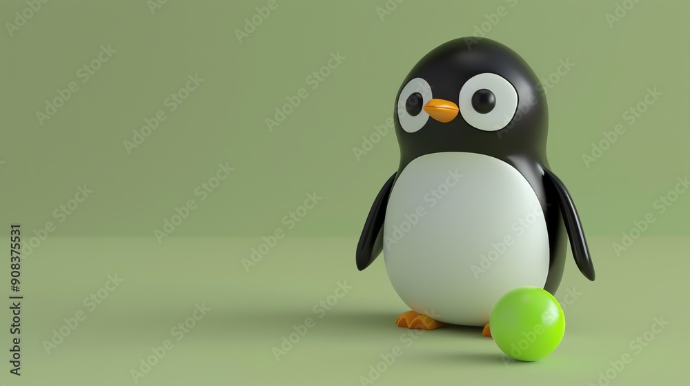 Wall mural a cartoon penguin standing with a green ball in front of a green background.