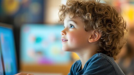 Enthusiastic Kindergarten Student Engaged with Touchscreen Tables in Classroom Learning Environment