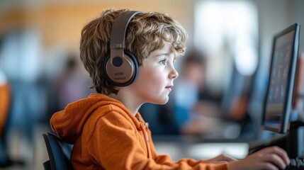 Young Student Engaged in Virtual Math Competition, School Levels Exploration, Digital Learning Experience