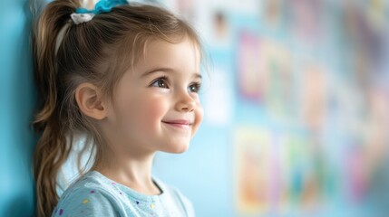 Fototapeta premium Enthusiastic Kindergarten Student Exploring Interactive Learning Walls