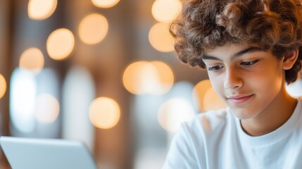 Young High School Student Conducting Online Research in Profile View