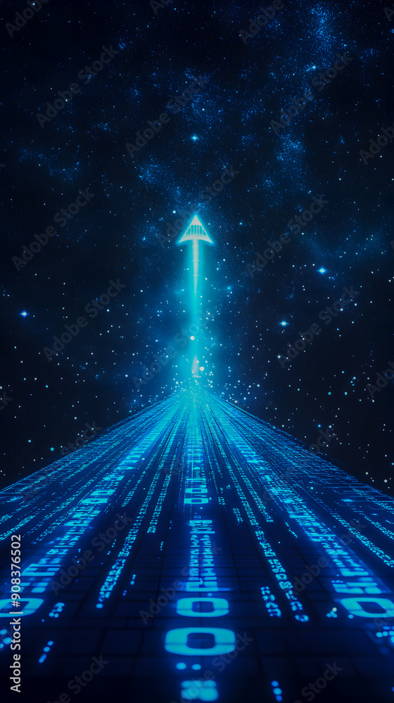 Poster futuristic digital arrow pointing upwards in a glowing blue cyber space background with binary code 