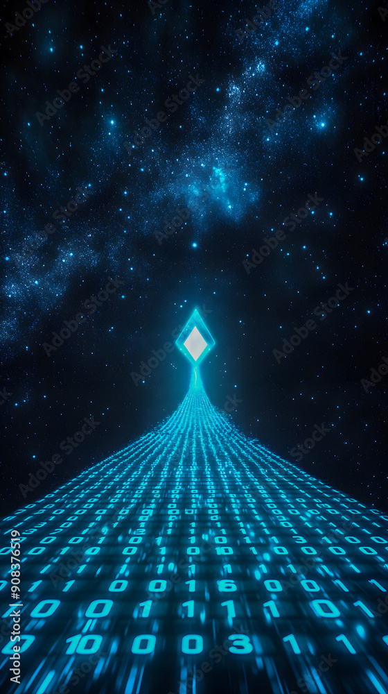 Poster futuristic digital landscape with a glowing grid of binary code and a cosmic backdrop of stars galax