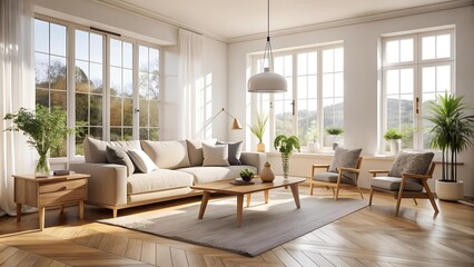 Sunlit Living Room with a Scandinavian Minimalist Vibe  Generative AI
