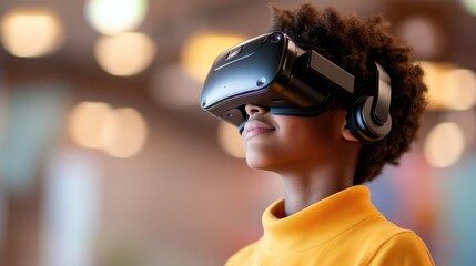 Engaged Middle Schooler Using VR Headsets for Enhanced Learning Experience
