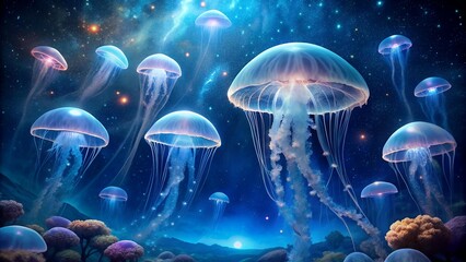 Azure Symphony: A Celestial Dance of Jellyfish in a Starry Sky  Generative AI