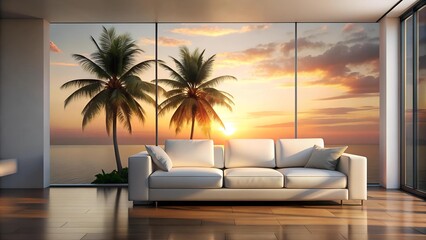 Serene Sunset Living Room with a Palm Tree Silhouette  Generative AI