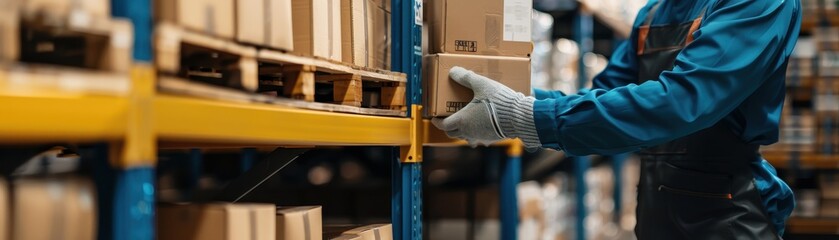 A warehouse worker in gloves and uniform organizing cardboard packages on a shelf, ensuring efficient inventory management.