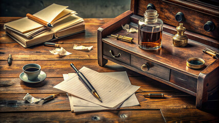 A vintage wooden desk cluttered with scattered papers, inkwell, and an old-fashioned fountain pen lying next to a prescription pad with scribbled notes.