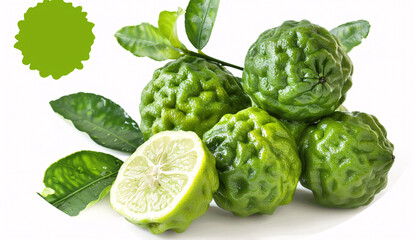 Obraz premium Bergamot fruit and leaves isolated on white background. PNG