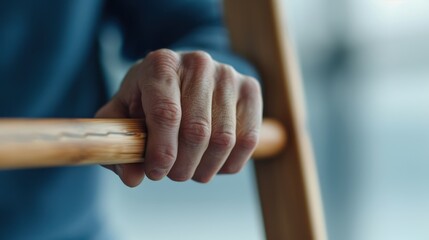 Detailed close-up of a person's hand gripping a wooden rail, highlighting texture and strength in a calm setting.