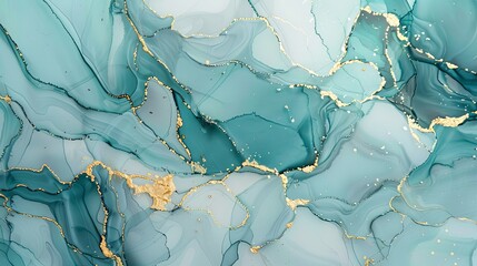 Naklejka premium Abstract Teal Alcohol Ink Painting with Golden Cracks, a Vibrant Splash of Color-Gel Art Emanating Elegance and Raw Aesthetics.