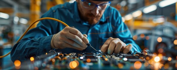 A technician wearing gloves and safety glasses soldering electronic components in a well-lit and modern workshop.