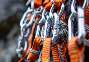 Close-up of carabiners and wires on climbing gear