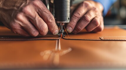 Detailed close-up of hands using a sewing machine to stitch leather material, highlighting precision and craftsmanship.