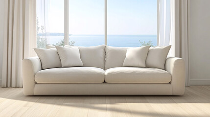 Modern light beige sofa in room with sea view