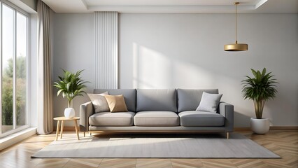 A Symphony of Greys: Minimalist Modern Living Room with a Plush Grey Sofa  Generative AI