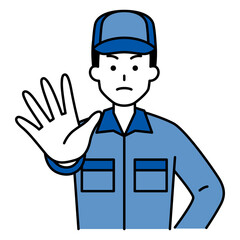 右手を前に出してNOと言うつなぎ作業服の男性
