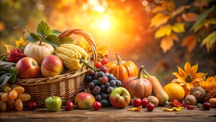 Golden Hour Glow: A Still Life of Autumnal Bounty  generative AI