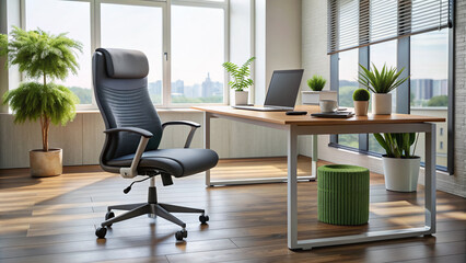 A modern office desk with a chair pushed back, a yoga mat unrolled, and a few stretching accessories nearby, conveying relaxation and wellness at work.