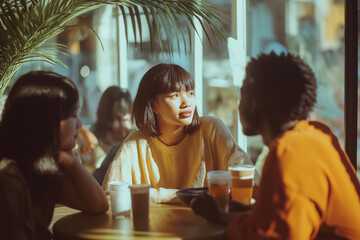 diverse group of people friends drinking coffee in cafe in the city, sunlight