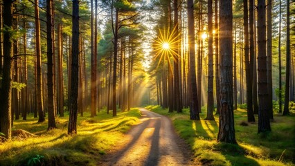 Fototapeta premium Sun Dappled Path Through a Pine Forest Generative AI