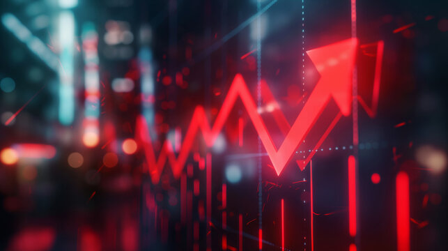 red arrow trending up, urban stock market screen sign information in cityscape