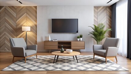 Contemporary Living Room with Geometric Rugs and a Minimalist TV Console  AI Generated