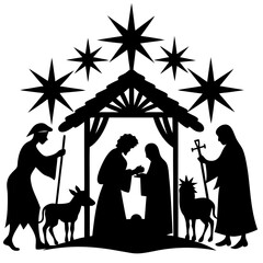 Nativity scene silhouette Jesus in manger, shepherd and wise men. Christmas story Mary Joseph and baby Jesus in nursery. The birth of Christ with Bethlehem star, vector illustration