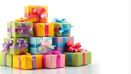 Obraz premium A Symphony of Hues: A Stack of Colorful Gift Boxes with Festive Ribbons AI generated
