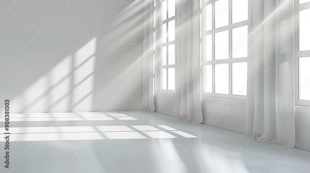 Aufkleber Abstract White Studio Background for Product Presentation with Window Shadows and Sunlight Blurred Backdrop Empty Room With Copy Space : Generative AI