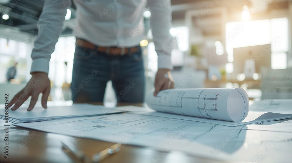 Poster Brainstorming group of architects and engineers discuss building blueprint design paperwork and drawing construction project planning on wooden table in office Construction project bud : Generative AI