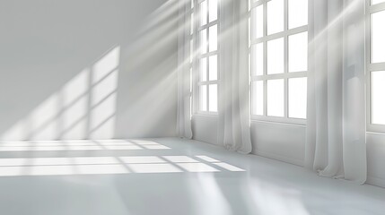 Obraz premium Abstract White Studio Background for Product Presentation with Window Shadows and Sunlight Blurred Backdrop Empty Room With Copy Space : Generative AI