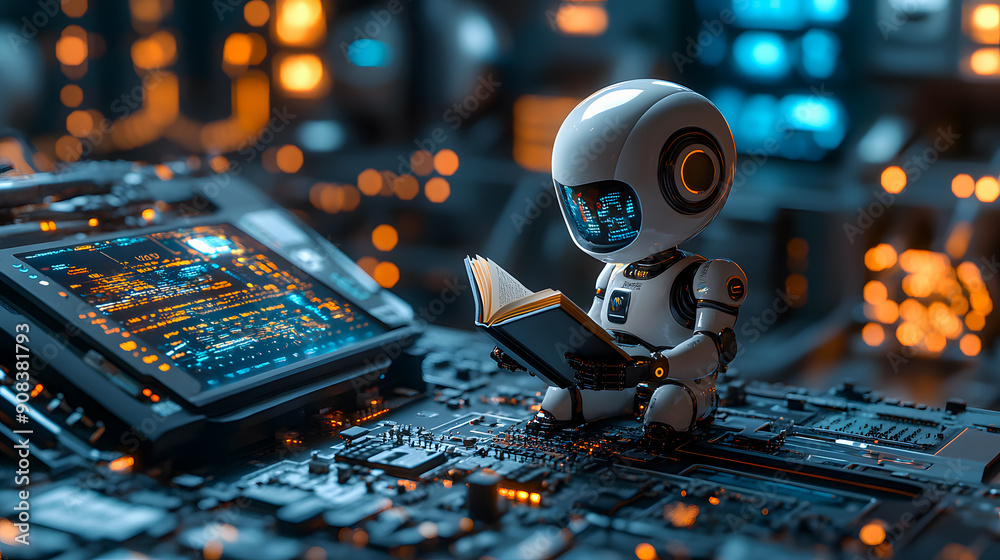 Poster robotic arm closely examining and inspecting a complex circuit board in a futuristic high tech digit