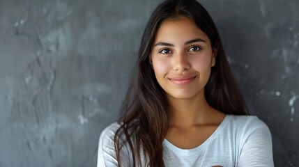Naklejka premium Portrait of a young latin woman with pleasant smile and crossed arms isolated on grey wall with copy space Beautiful girl with folded arms looking at camera against grey wall Cheerful : Generative AI