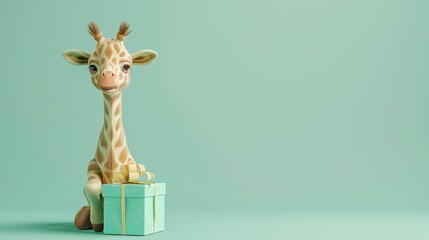 A cartoon giraffe sitting next to a turquoise gift box with a gold bow on a green background.
