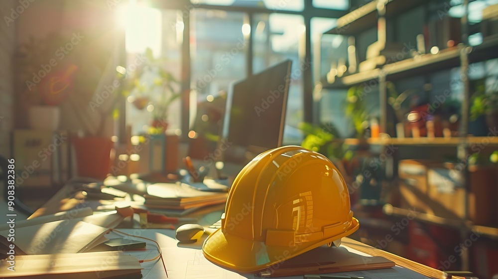Aufkleber construction team shake hands greeting start new project plan behind yellow helmet on desk in office
