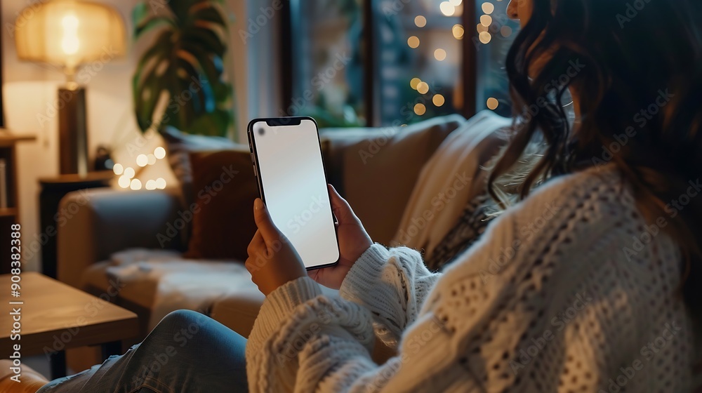 Poster mockup image of a woman holding and using mobile phone with blank desktop white screen at home : gen