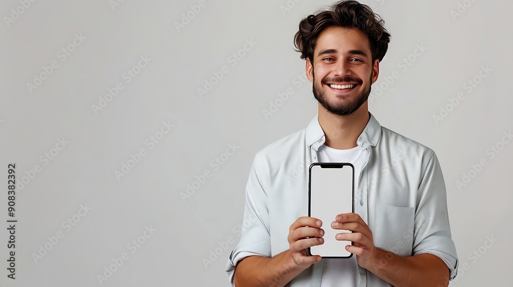 Aufkleber Handsome young man holding a smartphone mockup with a blank screen and smiling on a white background Celebrating success Gadget with empty space for mockup banner app : Generative AI