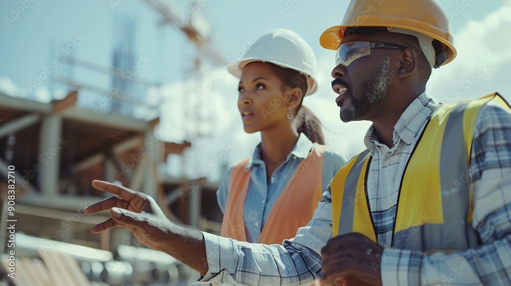 Poster Engineer and female foreman worker team checking project at precast factory site Engineer and builders in hardhats discussing on construction site : Generative AI