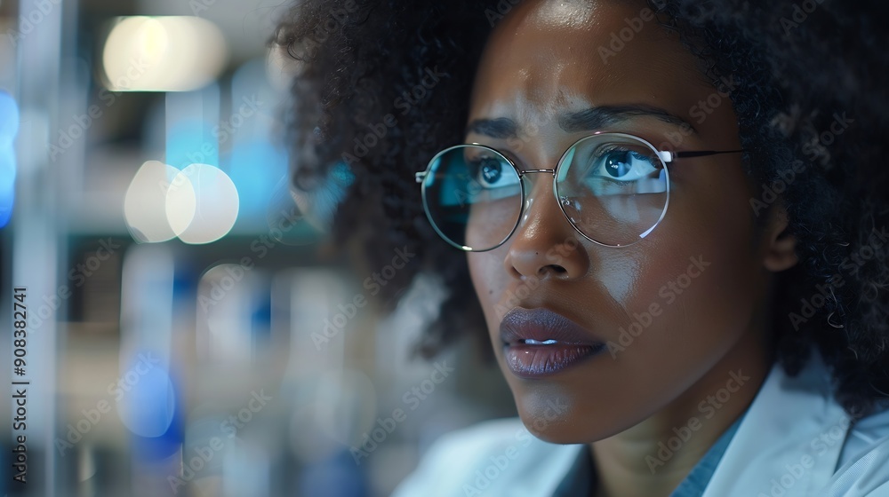 Poster a focused african american woman scientist working on a computer in a laboratory setting : generativ
