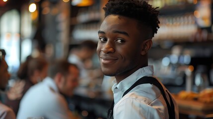 Portrait of young Black man talking to servers wearing classic uniforms during staff meeting in restaurant : Generative AI
