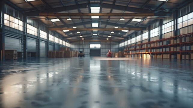 Warehouse interior blurred Empty warehouse without anyone Old warehouse interior without shelving Spacious hangar with metal roof Storage room with forklift Rental industrial premises  : Generative AI